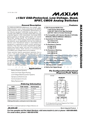 MAX4630EUD datasheet - /-15kV ESD-Protected, Low-Voltage, Quad, SPST, CMOS Analog Switches