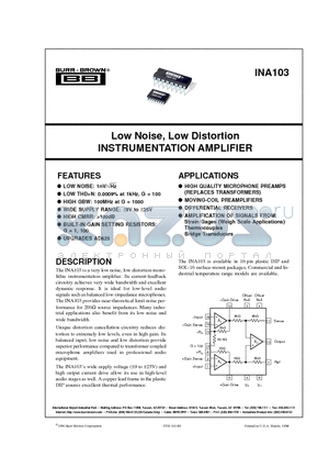 INA103KU datasheet - Low Noise, Low Distortion INSTRUMENTATION AMPLIFIER