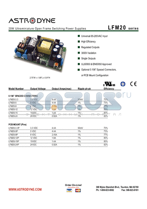 LFM20-9 datasheet - 20W Ultraminiature Open Frame Switching Power Supplies