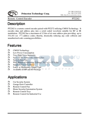 PT2262 datasheet - Remote Control Encoder
