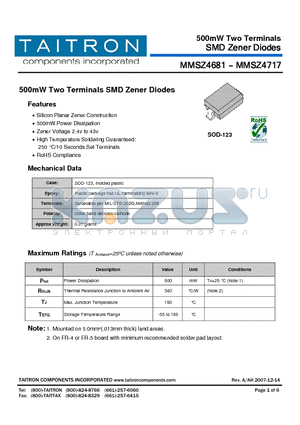 MMSZ4712 datasheet - 500mW Two Terminals SMD Zener Diodes