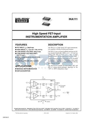 INA111AU/1KE4 datasheet - High Speed FET-Input INSTRUMENTATION AMPLIFIER