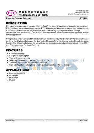 PT2268 datasheet - Remote Control Encoder