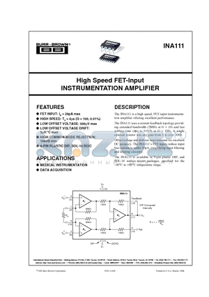 INA111BP datasheet - High Speed FET-Input INSTRUMENTATION AMPLIFIER