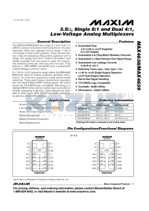 MAX4639 datasheet - 3.5, Single 8:1 and Dual 4:1, Low-Voltage Analog Multiplexers