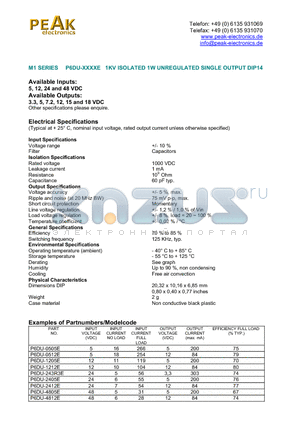P6DU-0505E datasheet - 1KV ISOLATED 1W UNREGULATED SINGLE OUTPUT DIP14