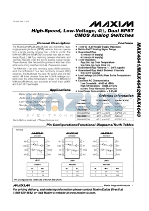 MAX4643EGA datasheet - High-Speed, Low-Voltage, 4, Dual SPST CMOS Analog Switches