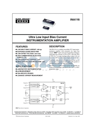 INA116P datasheet - Ultra Low Input Bias Current INSTRUMENTATION AMPLIFIER