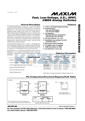 MAX4645EUK-T datasheet - Fast, Low-Voltage, 2.5-ohm, SPST, CMOS Analog Switches