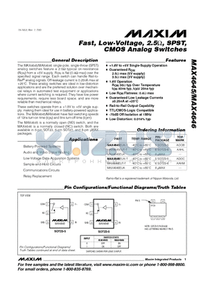 MAX4646 datasheet - Fast, Low-Voltage, 2.5-ohm, SPST, CMOS Analog Switches