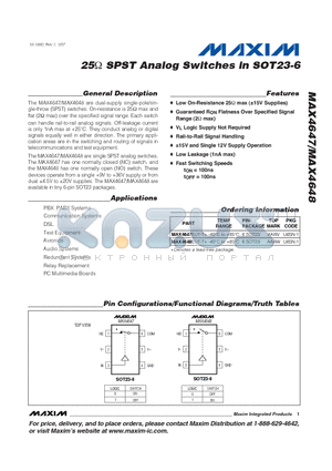 MAX4647 datasheet - 25OHM SPST Analog Switches in SOT23-6