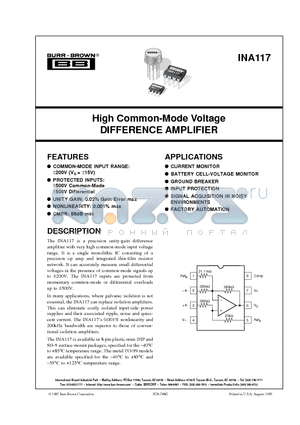 INA117SM datasheet - High Common-Mode Voltage DIFFERENCE AMPLIFIER