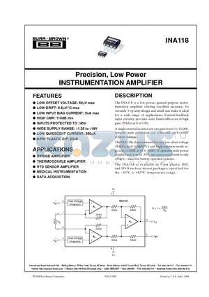 INA118 datasheet - Precision, Low Power INSTRUMENTATION AMPLIFIER