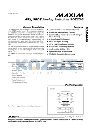 MAX4649EKA-T datasheet - 45, SPDT Analog Switch in SOT23-8