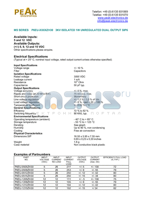 P6EU-1205ZH30 datasheet - 3KV ISOLATED 1W UNREGULATED DUAL OUTPUT SIP6
