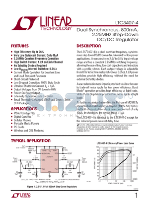 LTC3407-4 datasheet - Dual Synchronous, 800mA, 2.25MHz Step-Down DC/DC Regulator