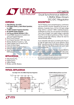 LTC3407AEMSE-PBF datasheet - Dual Synchronous 600mA, 1.5MHz Step-Down DC/DC Regulator