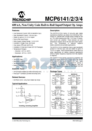 MCP6141 datasheet - 600 nA, Non-Unity Gain Rail-to-Rail Input/Output Op Amps