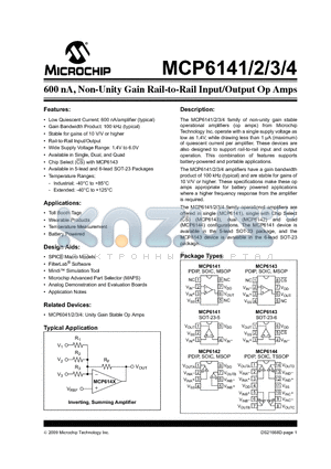 MCP6141-E/SL datasheet - 600 nA, Non-Unity Gain Rail-to-Rail Input/Output Op Amps