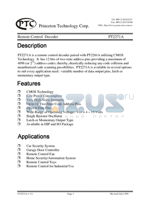 PT2271A-M2S18 datasheet - Remote Control Decoder