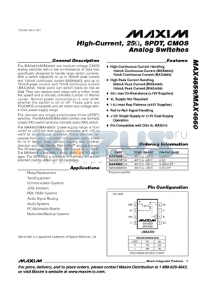 MAX4659ESA datasheet - High-Current, 25, SPDT, CMOS Analog Switches