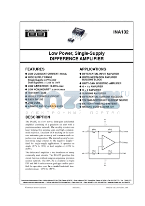 INA132U datasheet - Low Power, Single-Supply DIFFERENCE AMPLIFIER