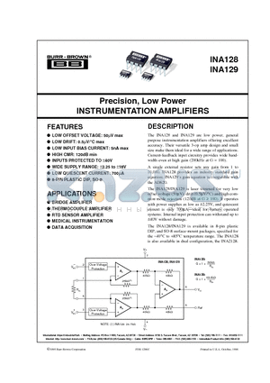 INA129U datasheet - Precision, Low Power INSTRUMENTATION AMPLIFIERS