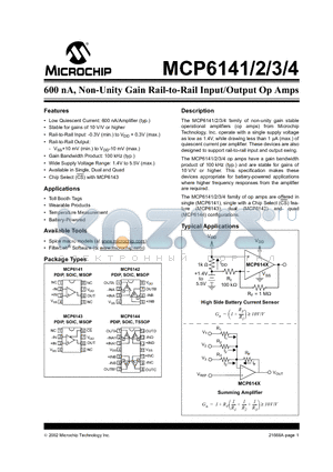 MCP6142 datasheet - 600 nA, Non-Unity Gain Rail-to-Rail Input/Output Op Amps