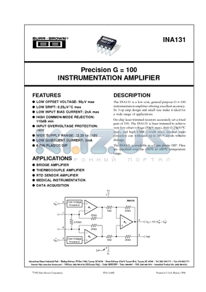 INA131AP datasheet - Precision G = 100 INSTRUMENTATION AMPLIFIER