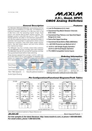 MAX4662EAE datasheet - 2.5W, Quad, SPST, CMOS Analog Switches