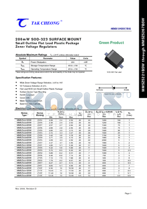 MMSZ5221BSW datasheet - 200mW SOD-323 SURFACE MOUNT Small Outline Flat Lead Plastic Package Zener Voltage Regulators