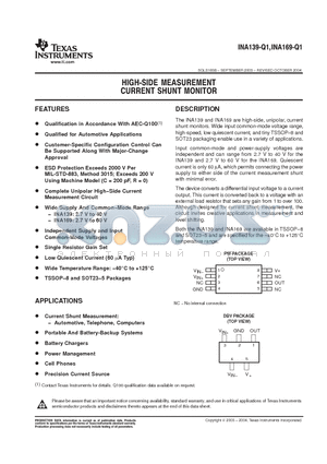INA139-Q1 datasheet - HIGH SIDE MEASUREMENT CURRENT SHUNT MONITOR