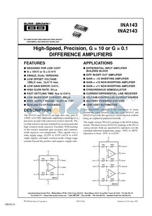 INA143 datasheet - High-Speed, Precision, G = 10 or G = 0.1 DIFFERENCE AMPLIFIERS