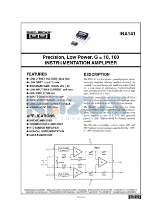 INA141U datasheet - Precision, Low Power, G = 10, 100 INSTRUMENTATION AMPLIFIER
