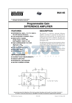 INA145 datasheet - Programmable Gain DIFFERENCE AMPLIFIER