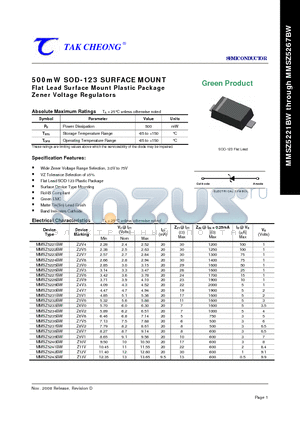 MMSZ5221BW datasheet - 500mW SOD-123 SURFACE MOUNT Flat Lead Surface Mount Plastic Package Zener Voltage Regulators