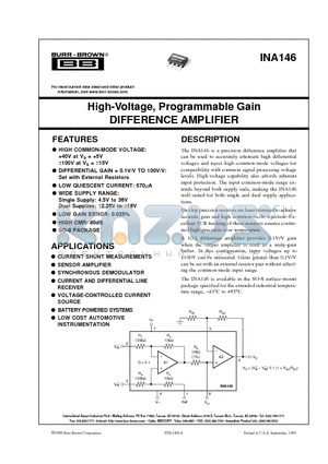 INA146 datasheet - High-Voltage, Programmable Gain DIFFERENCE AMPLIFIER