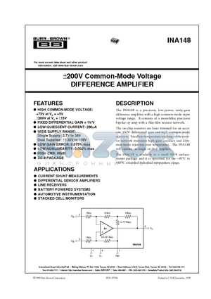 INA148 datasheet - a200V Common-Mode Voltage DIFFERENCE AMPLIFIER