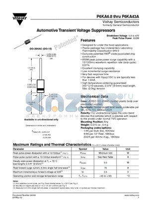 P6KA15 datasheet - Automotive Transient Voltage Suppressors