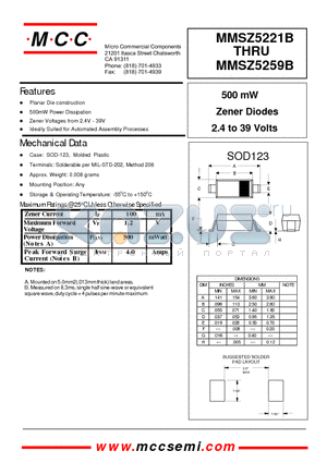MMSZ5222B datasheet - 500 mW Zener Diodes 2.4 to 39 Volts