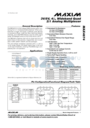 MAX4674EGE datasheet - 3V/5V, 4, Wideband Quad 2:1 Analog Multiplexer