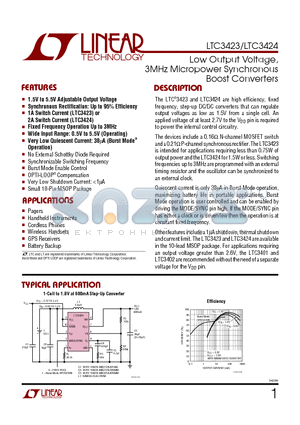 LTC3423EMS datasheet - Low Output Voltage, 3MHz Micropower Synchronous Boost Converters