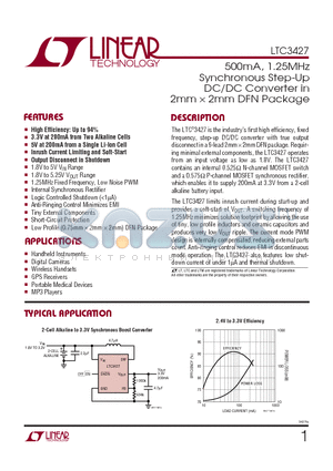 LTC3427EDC datasheet - 500mA, 1.25MHz Synchronous Step-Up DC/DC Converter in 2mm  2mm DFN Package