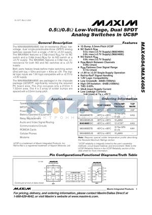MAX4685 datasheet - 0.5 /0.8 Low-Voltage, Dual SPDT Analog Switches in UCSP