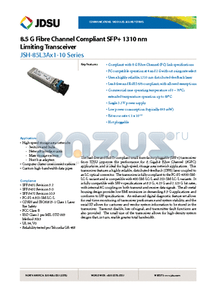 JSH-85L3AA1-10 datasheet - 8.5 G Fibre Channel Compliant SFP 1310 nm Limiting Transceiver