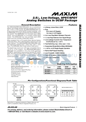 MAX4687 datasheet - 2.5ohm, Low-Voltage, SPST/SPDT Analog Switches in UCSP Package