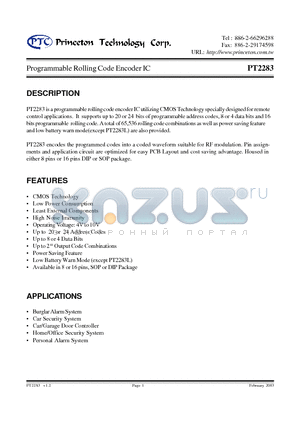 PT2283LP-S datasheet - Programmable Rolling Code Encoder IC