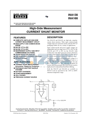 INA168 datasheet - High-Side Measurement CURRENT SHUNT MONITOR