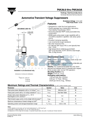 P6KA43 datasheet - Automotive Transient Voltage Suppressors