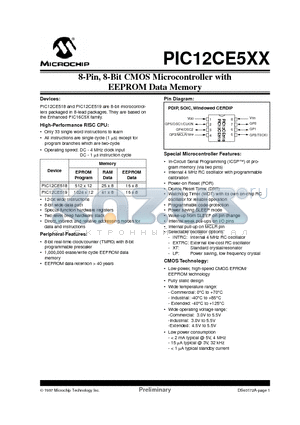 PIC12CE518-04E/JW datasheet - 8-Pin, 8-Bit CMOS Microcontroller with EEPROM Data Memory